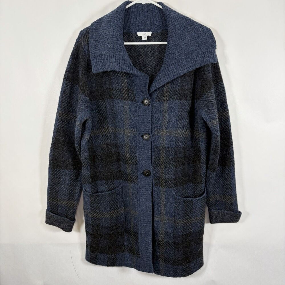 J. Jill Ribbed Collar Plaid Sweater Jacket Womens Small Blue Black Wool Blend
